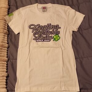 White Graphic T-Shirt‎ with Purple and Green Print